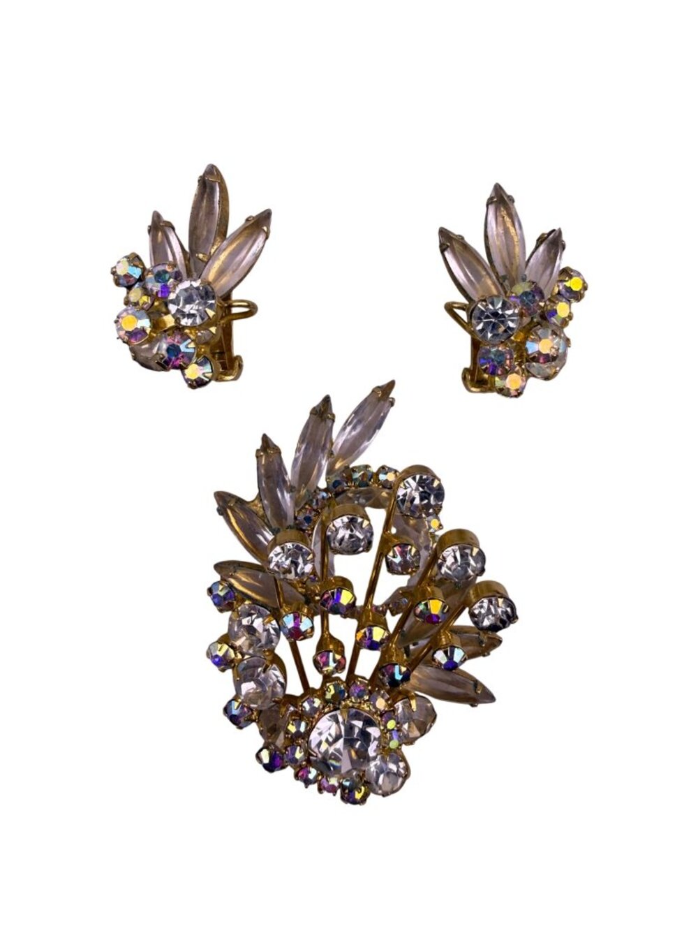 Vintage Gold Tone Rhinestone Clip-On Earrings & Floral Brooch Set